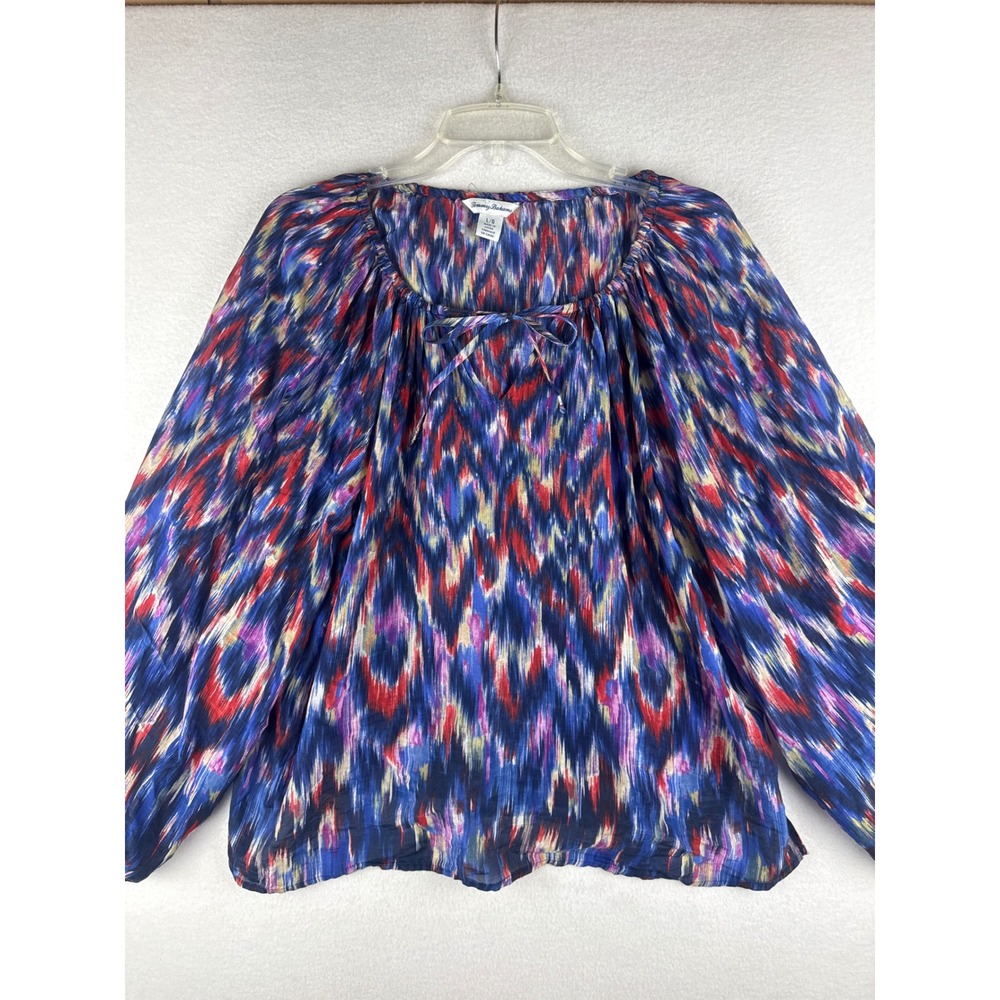 Tommy Bahama Womens Blue Red Ikat Silk Blend Tie Neck Peasant Blouse Large